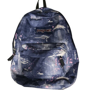 Jansport Superbreak Nylon Backpack Blue Pink Distressed Denim Look Front Zipper